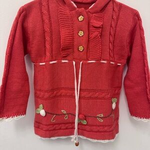 Red Kids Knit Jacket with Floral Embroidery